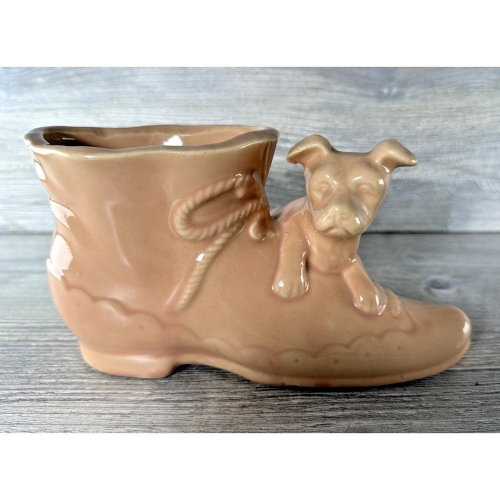 Vintage Cottage Core Dog Puppy Shoe Planter Shawnee Matte Finish Peach Color USA